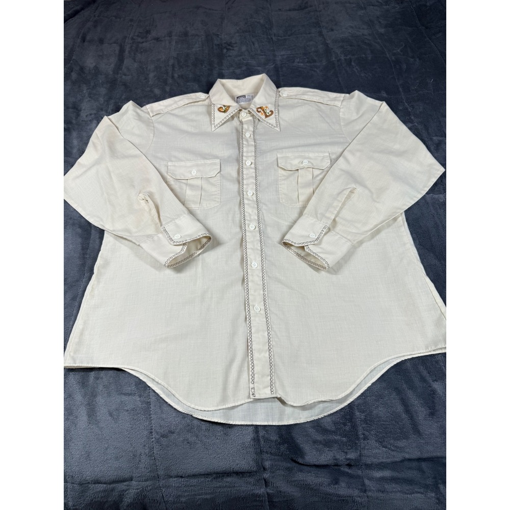 Vintage Montgomery Ward Mens Cream Embroidered Western Shirt Large 16-16.5 L/S